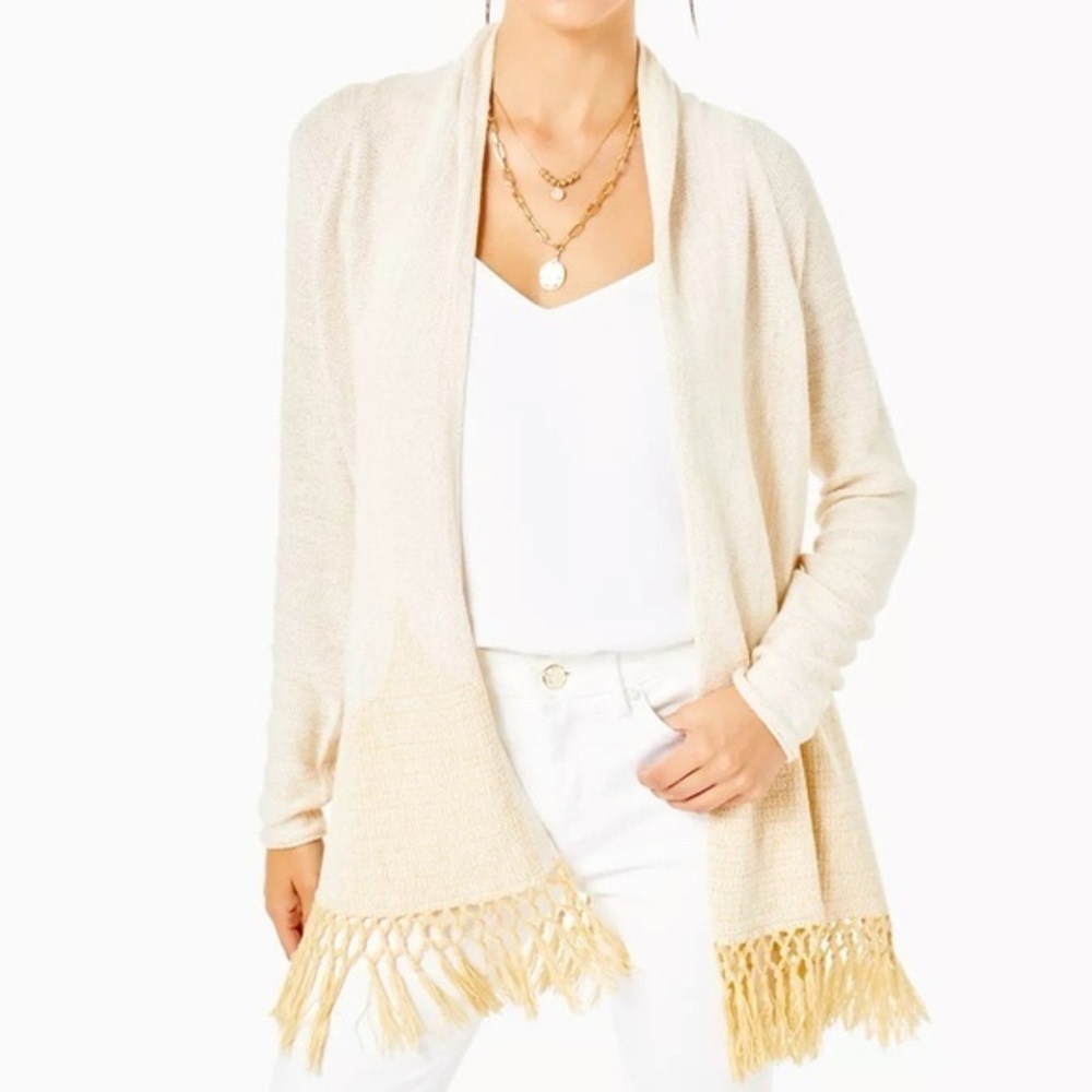 Lilly Pulitzer Tatum Long Fringe Hem Open Cardigan Sweater Gold Metallic Size XS